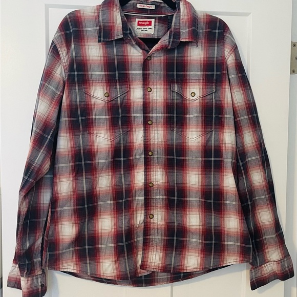 Wrangler Men's Plaid Button Down Shirt - Blue, Red, and White - Picture 1 of 4